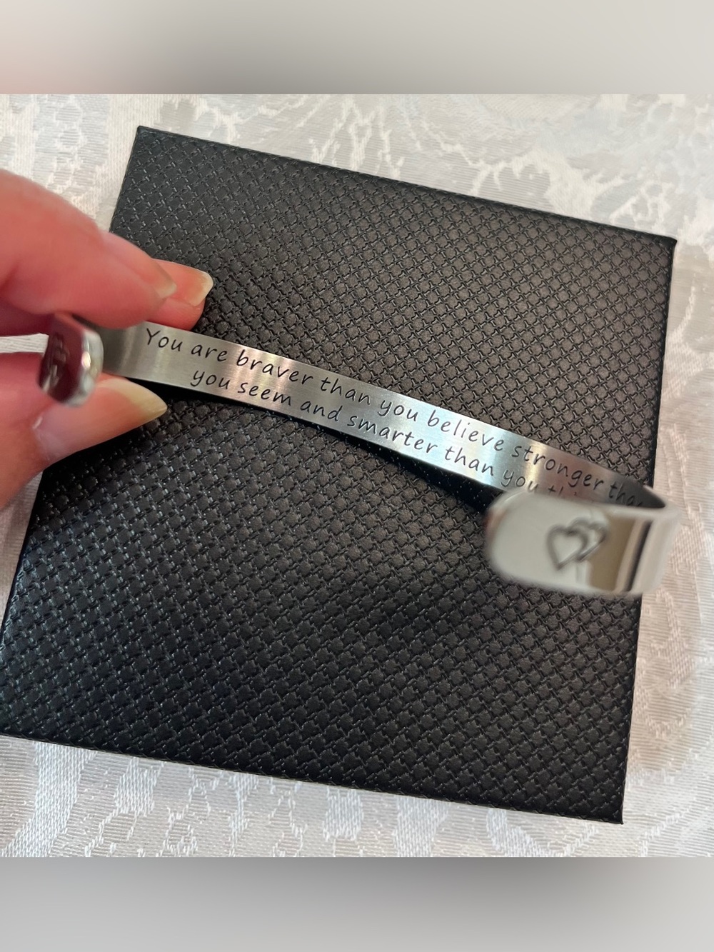 Inspirational Cuff Bracelet Silver Tone “You Are Braver, Stronger, Smarter”